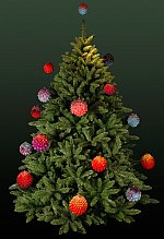 Kerstboom getooid met textiel kerstballen in Shiboritechniek